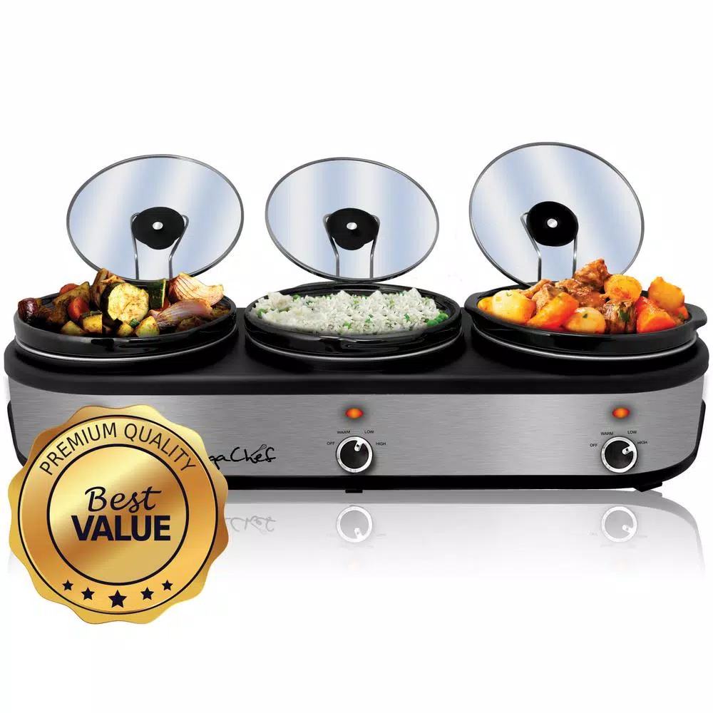 MegaChef 7.5 Qt. Stainless Steel Slow Cooker & Buffet Server with 3 Ceramic Crocks