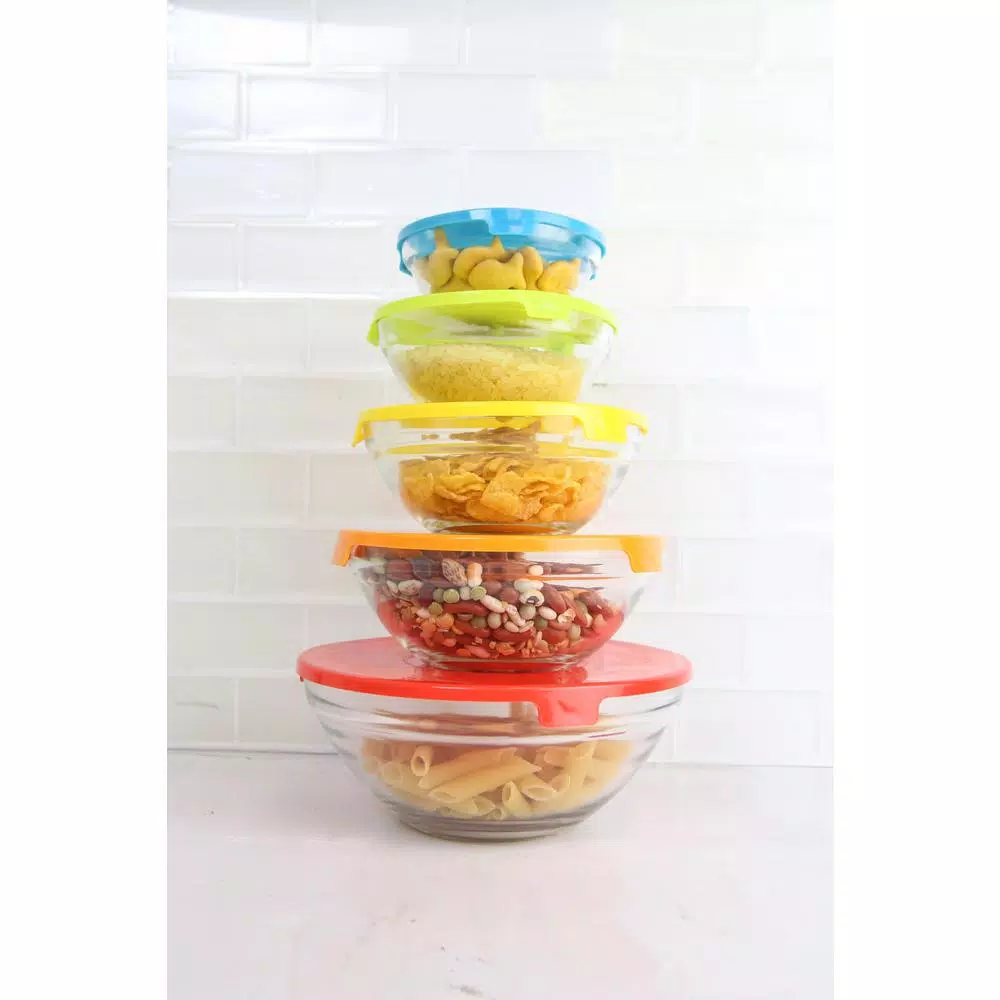 Home Basics 5-Piece Glass Bowl Set with Colorful Plastic Lids