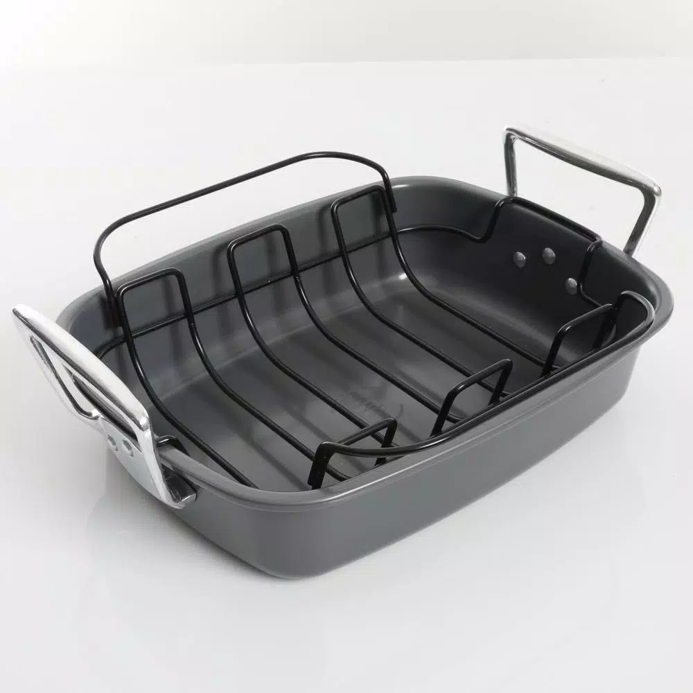 Kenmore Travers 2-Piece Non-Stick Steel Roasting Pan Set with Rack, 16.35 Qt, Gray