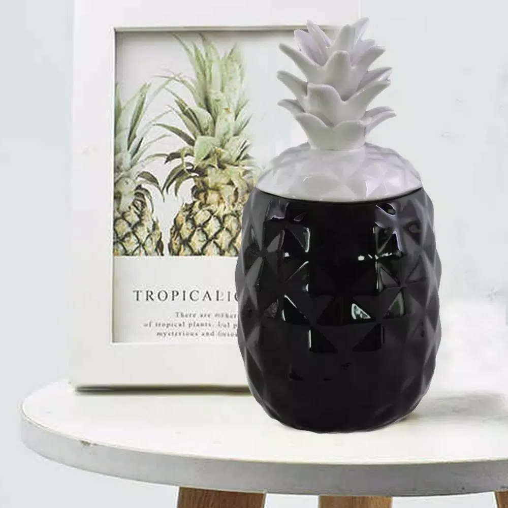 Benjara Black and White Ceramic Decorative Pineapple Canister with Lid