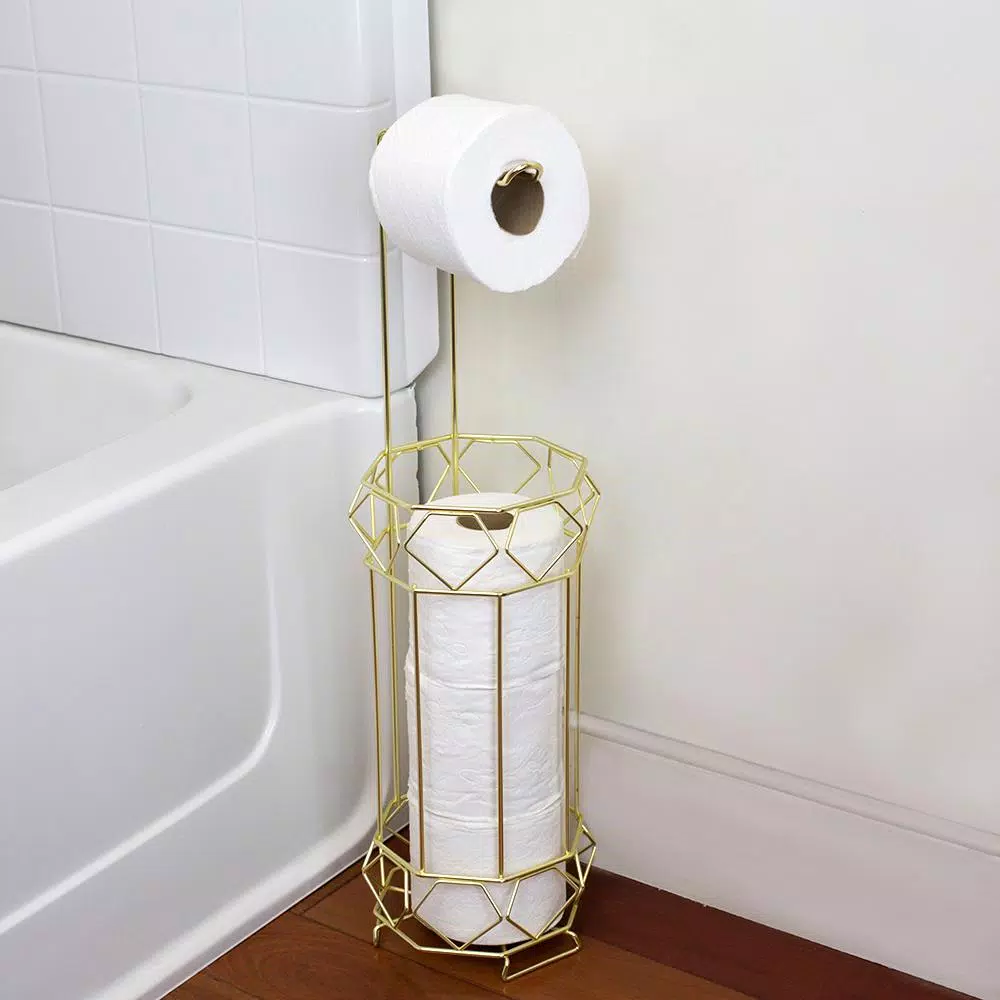Home Basics Prism Freestanding Gold Toilet Paper Holder with Storage Base
