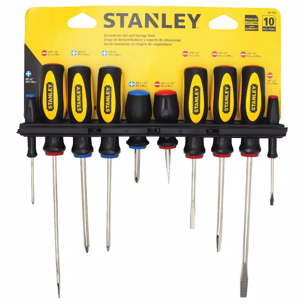 Stanley 10-Piece Screwdriver Set with Ergonomic Slip-Resistant Handles and Nickel-Plated Steel Bars