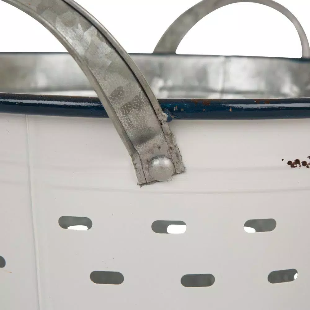 Glitzhome Farmhouse Enamel Metal Basket Set of 2 - White and Galvanized Iron Storage Baskets