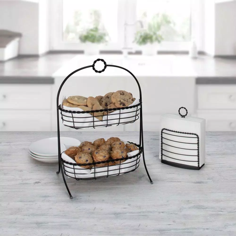 Spectrum Everly 2-Tier Oval Steel Fruit Basket & Serving Stand, Black