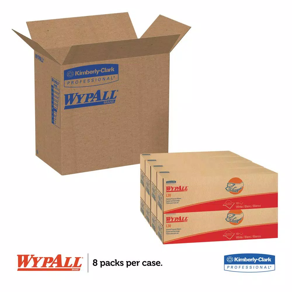 Wypall L30 White Pop-Up Wipers, Cloth-Like Disposable Wipes (8 Boxes of 100)