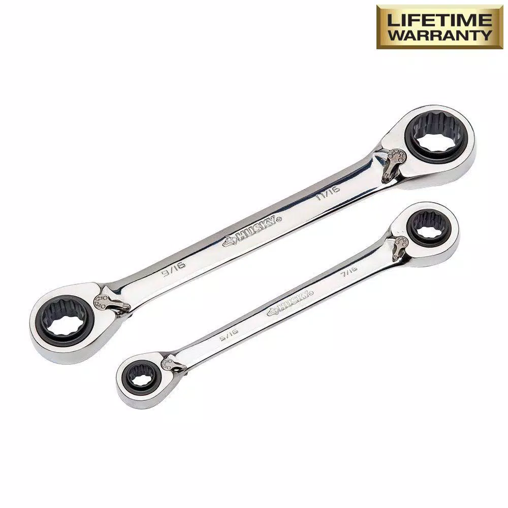 Husky 4-Piece Quad Drive Reversible Ratcheting Wrench Set, SAE/Metric
