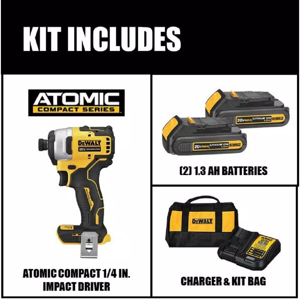 DEWALT 20V MAX ATOMIC 1/4 in. Compact Brushless Cordless Impact Driver Kit with (2) 1.3 Ah Batteries, Charger & Bag