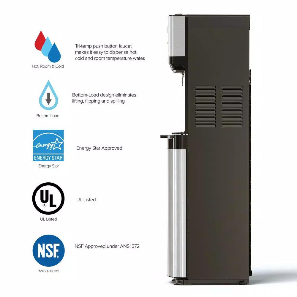 Brio Essential Tri-Temp Bottom-Load Water Cooler Dispenser - Black and Brushed Stainless Steel