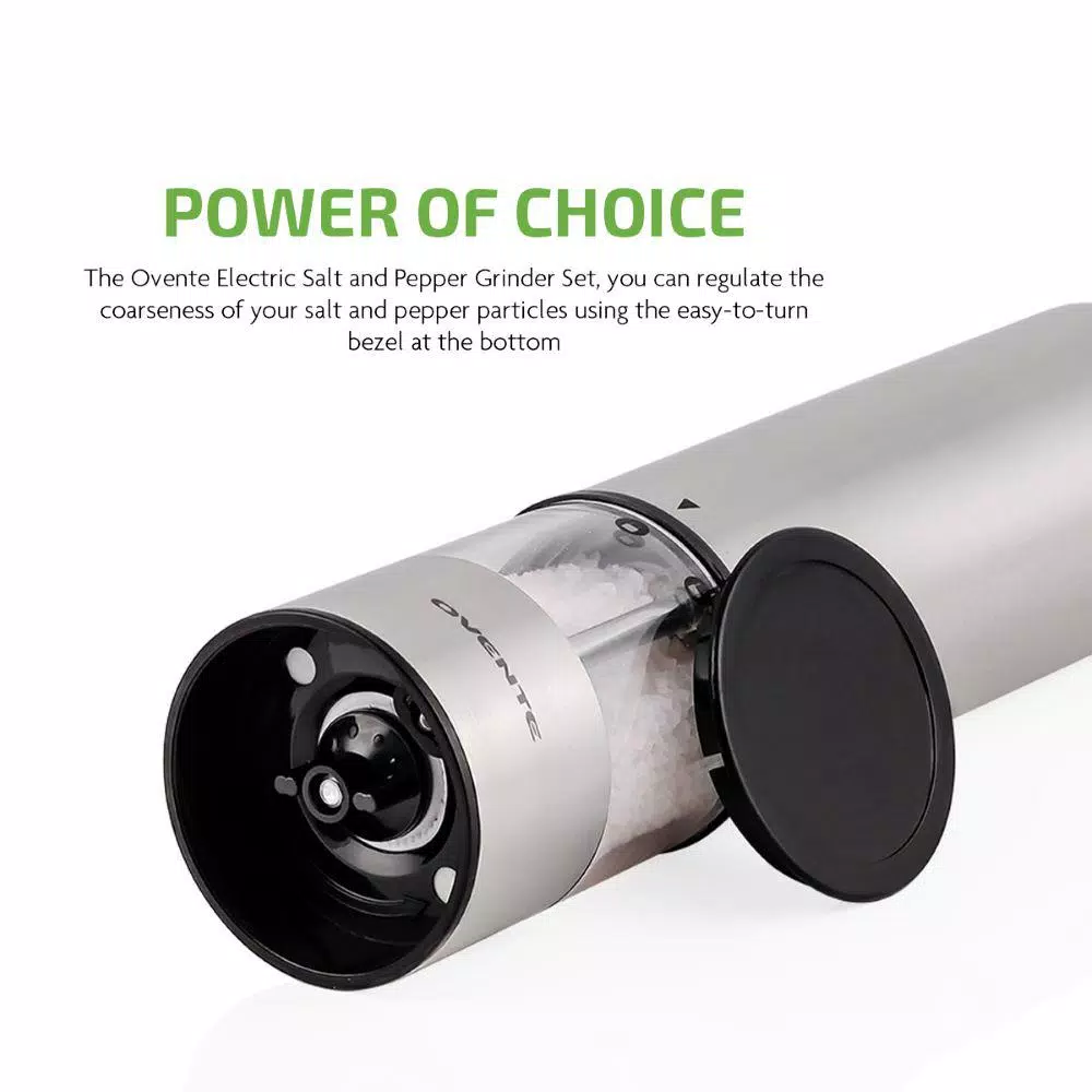 Ovente Electric Salt and Pepper Grinder Set, Stainless Steel with Ceramic Blades, Battery Operated