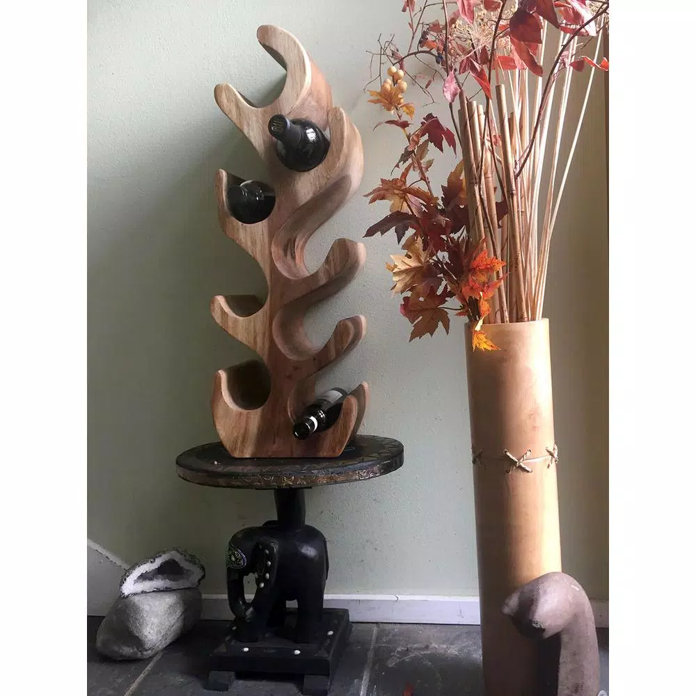 MGP Hand-Carved Suar Wood Wine Rack - 8 Bottle Capacity Solid Monkey Pod Wood Tabletop Stand