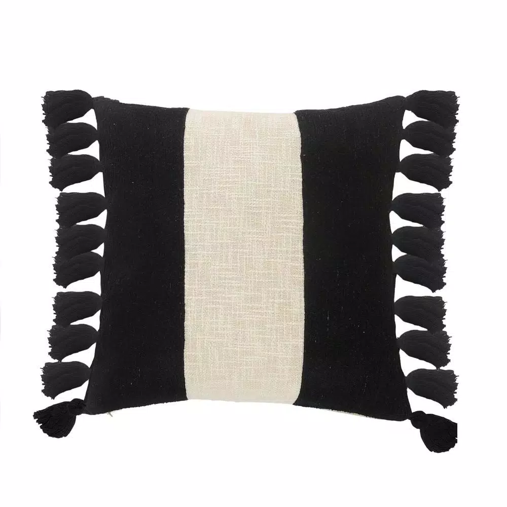 LR Home Trinity Black and Ivory Striped Fringe Throw Pillow, 20 x 20 in.