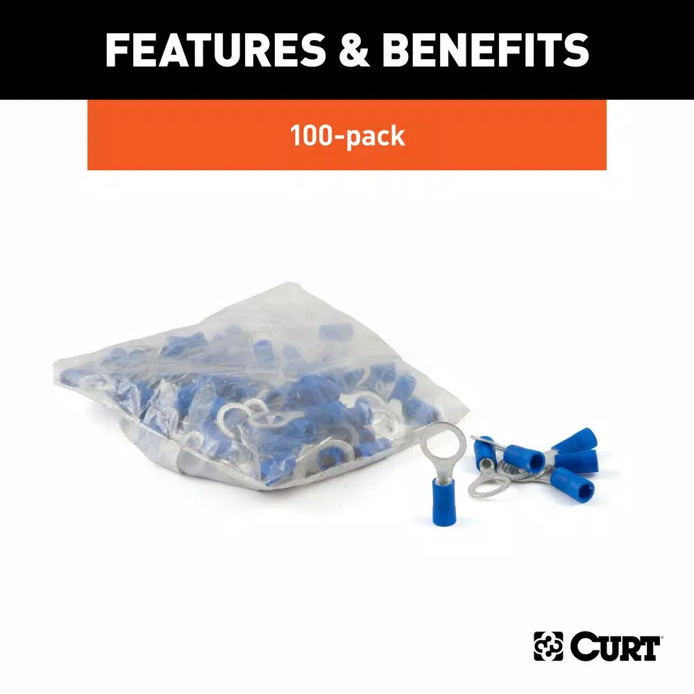 CURT Ring Terminals, 16-14 AWG Wire Gauge, 5/16 in Stud Size, Blue, 100-Pack