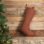 VHC Brands 20 in. Burgundy and Tan Check Cotton Christmas Stocking - Primitive Holiday Decor thumbnail 3