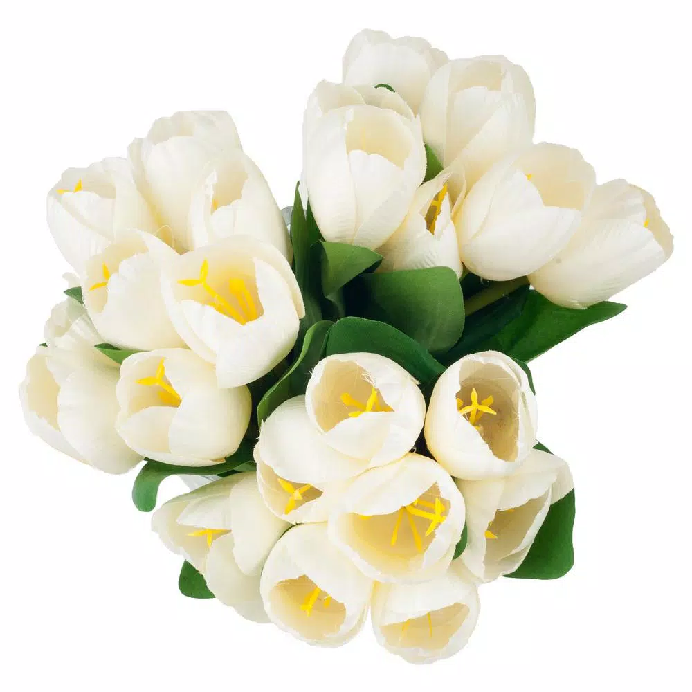 Pure Garden 8.5 in. Cream Tulip Floral Arrangement in Square Glass Vase