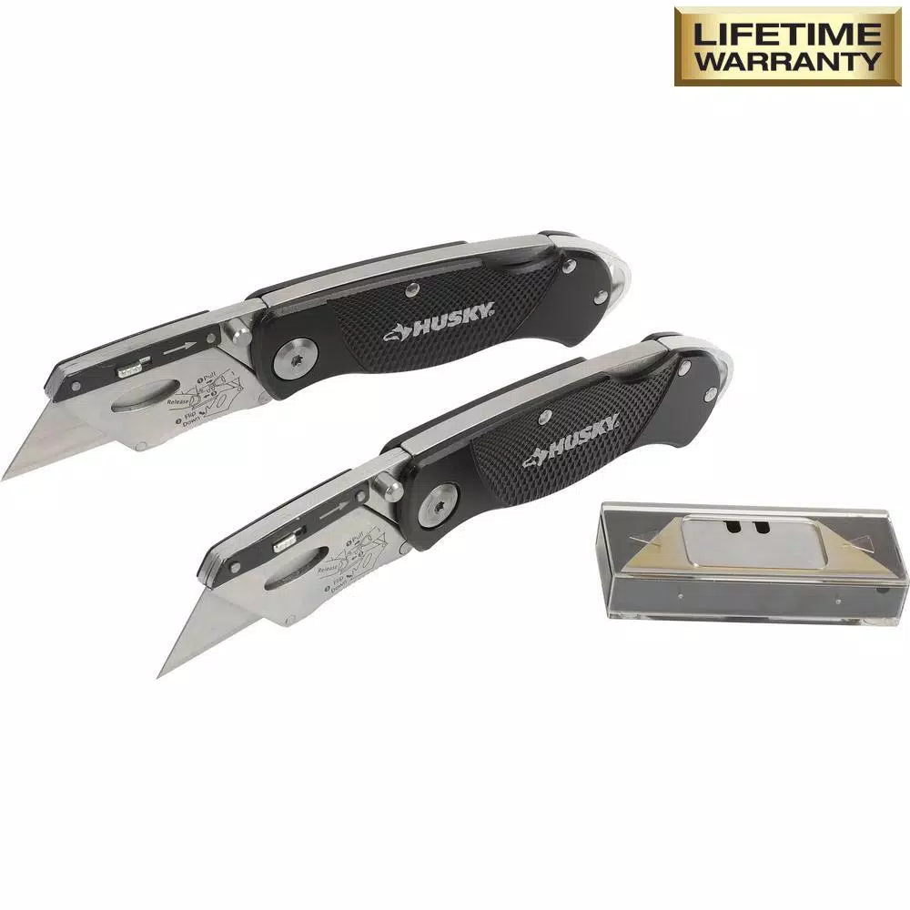 Husky 2-Piece Folding Lock-Back Utility Knife Set with 10 Blades