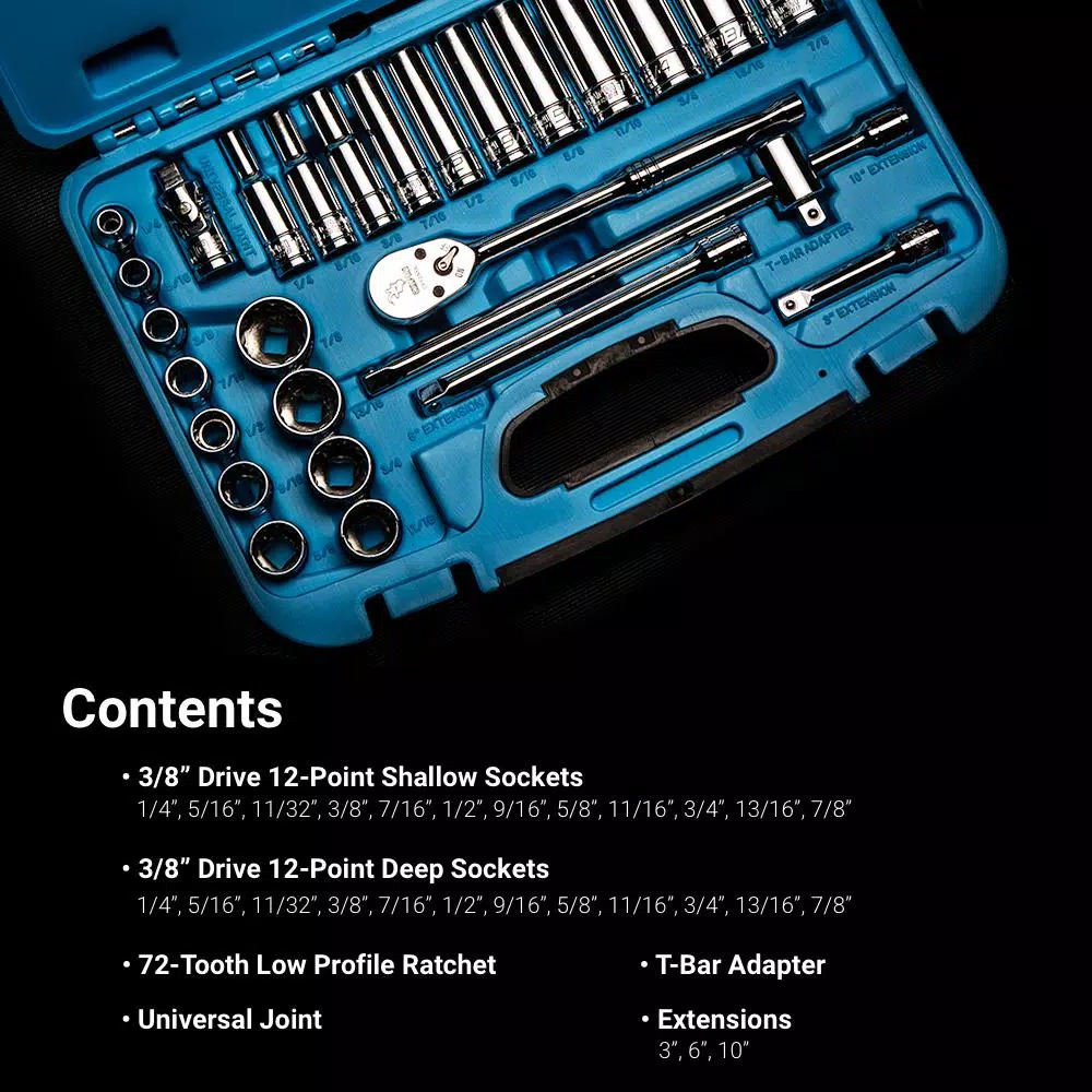 Capri Tools 3/8 in. Drive 12-Point SAE Socket Set with Ratchet, Extensions and Adapters, 27-Piece