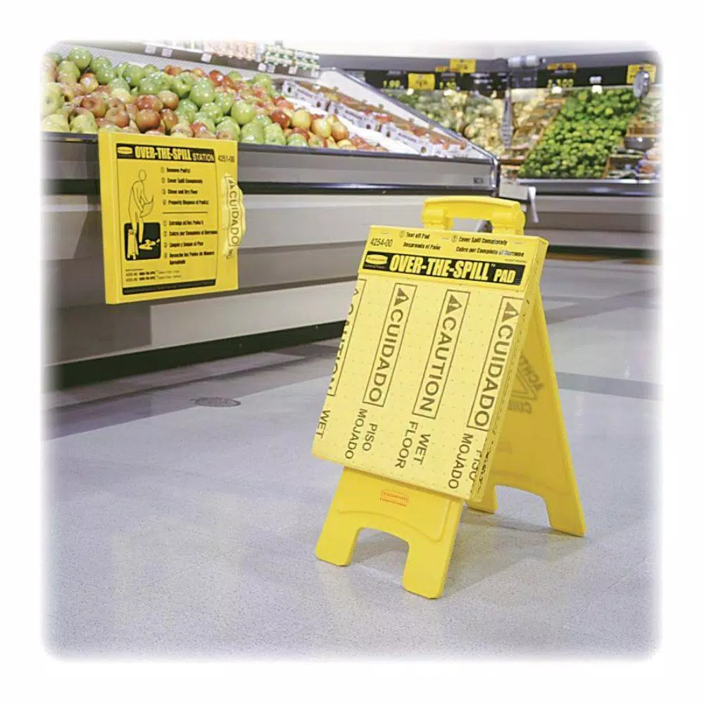 Rubbermaid Bilingual Over-the-Spill Pad Tablet, 16.5 x 14 in., Polypropylene Absorbent Safety Sign