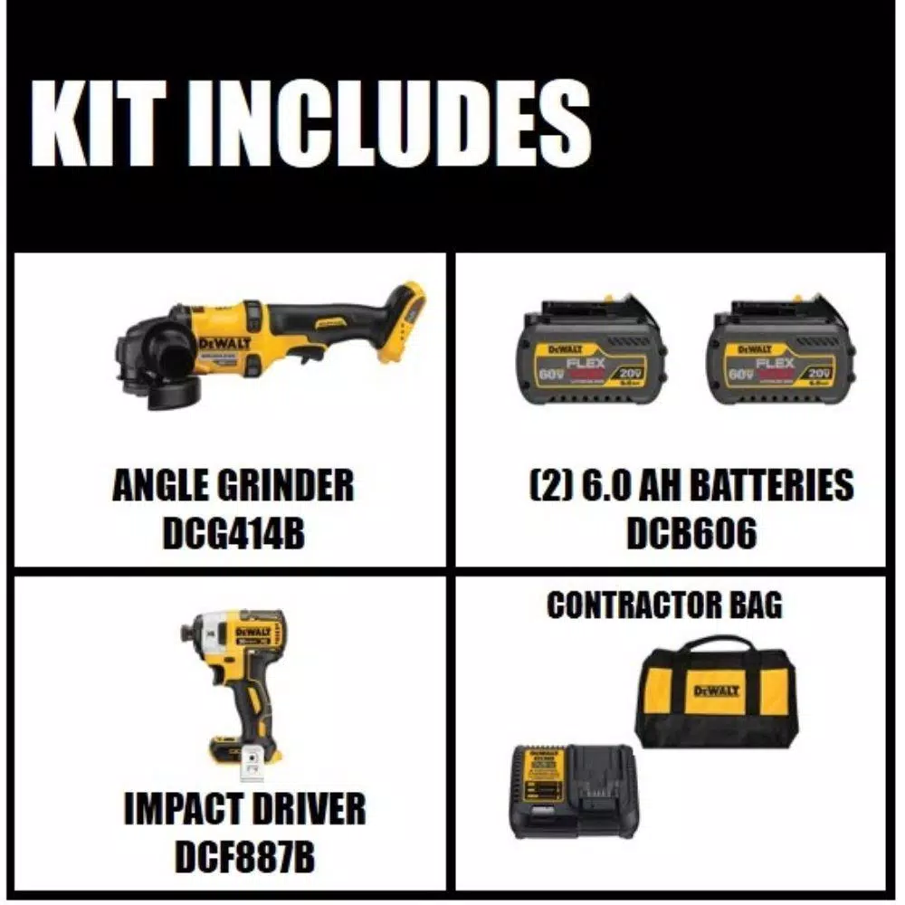 DEWALT FLEXVOLT 60V MAX Brushless 4-1/2 in. Angle Grinder Kit with (2) 6.0Ah Batteries & Impact Driver