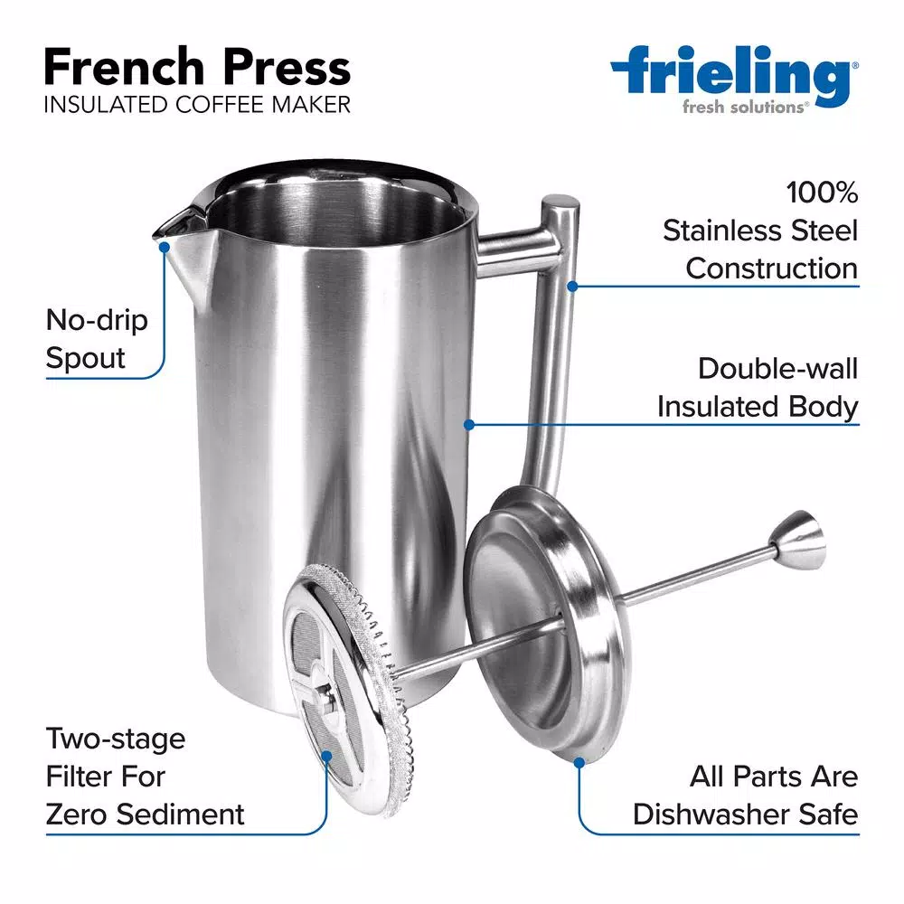 Frieling 2-Cup Stainless Steel French Press, 17 oz Double-Walled Insulated Coffee Maker