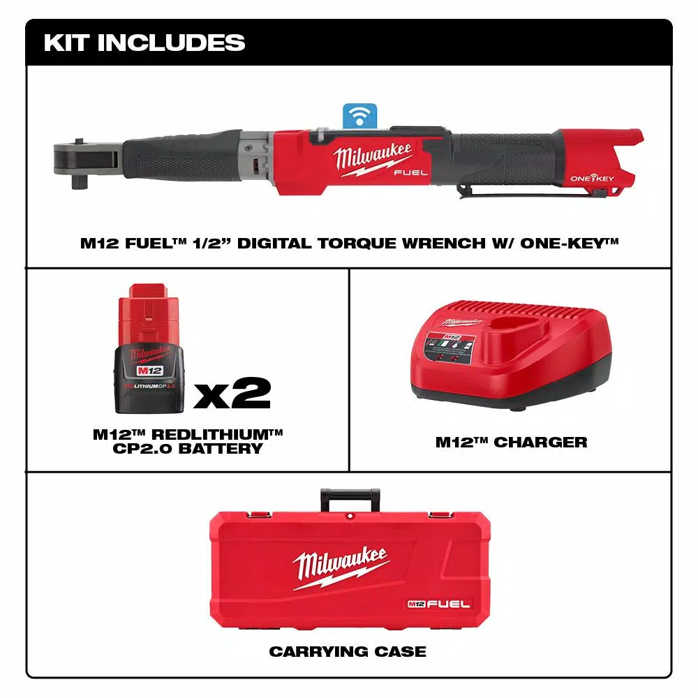 Milwaukee M12 FUEL 1/2 in. Digital Torque Wrench Kit with ONE-KEY, Two 2.0 Ah Batteries & Charger