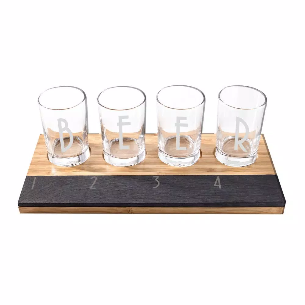 Cathy's Concepts Bamboo and Slate Craft Beer Tasting Flight Set with 4 Engraved 5.5 oz. Taster Glasses