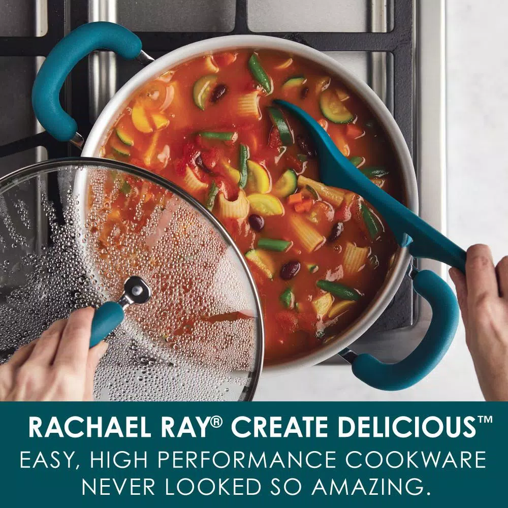 Rachael Ray Create Delicious 6 Qt. Aluminum Nonstick Stock Pot with Glass Lid, Red Shimmer