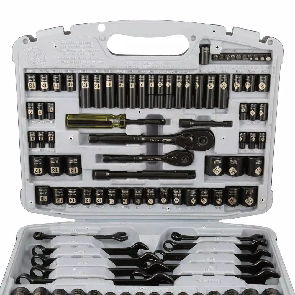 Stanley 99-Piece 1/4 in. & 3/8 in. Drive Black Chrome Laser Etched SAE & Metric Socket Set
