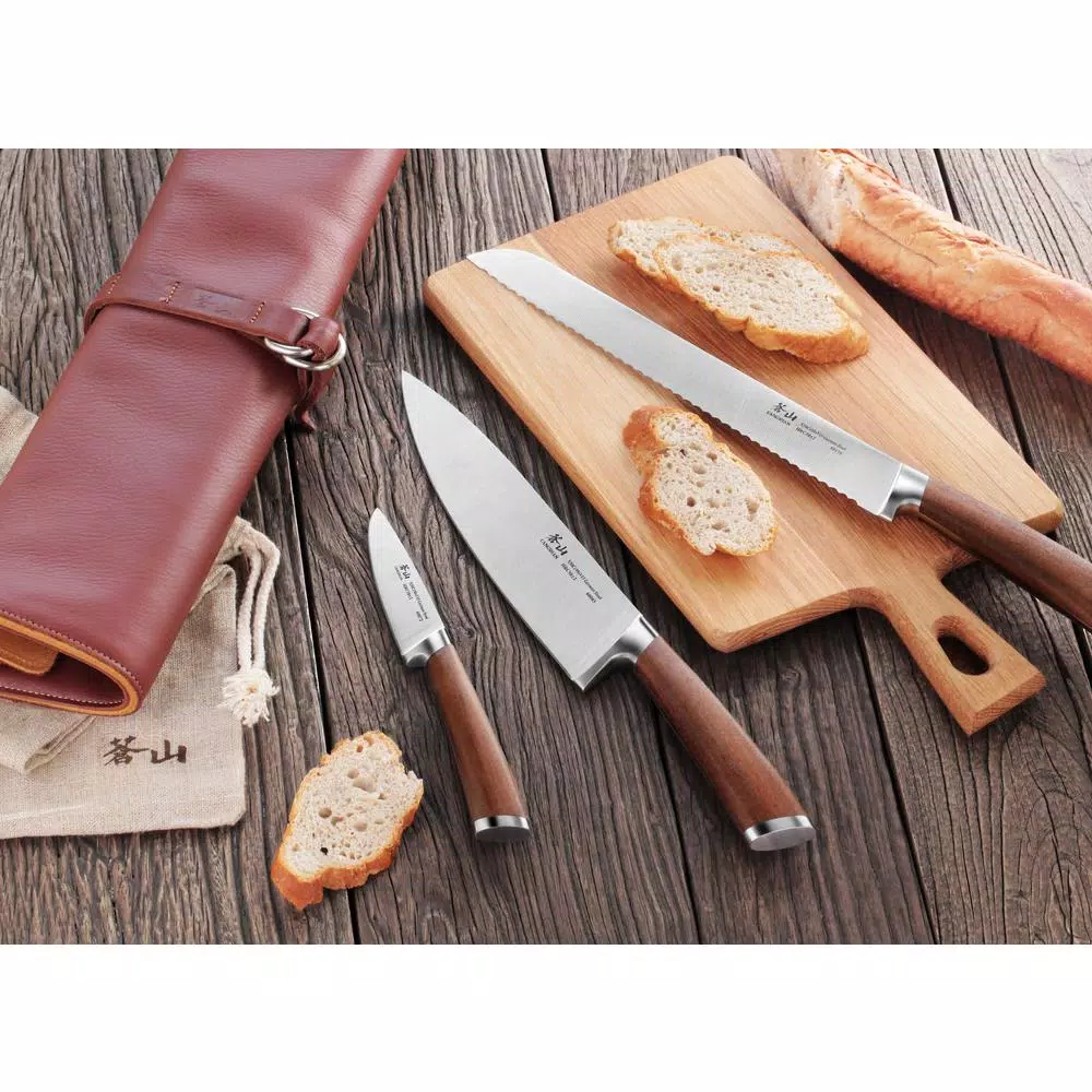 Cangshan H1 Series 4-Piece Professional Knife Set with Genuine Leather Roll and Teak Wood Handles