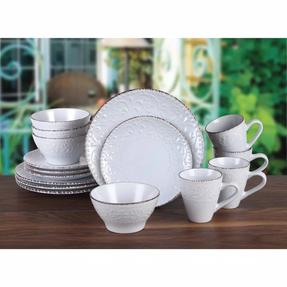 Lorren Home Trends Lorren Home 16-Piece White Stoneware Scroll Dinnerware Set, Service for 4