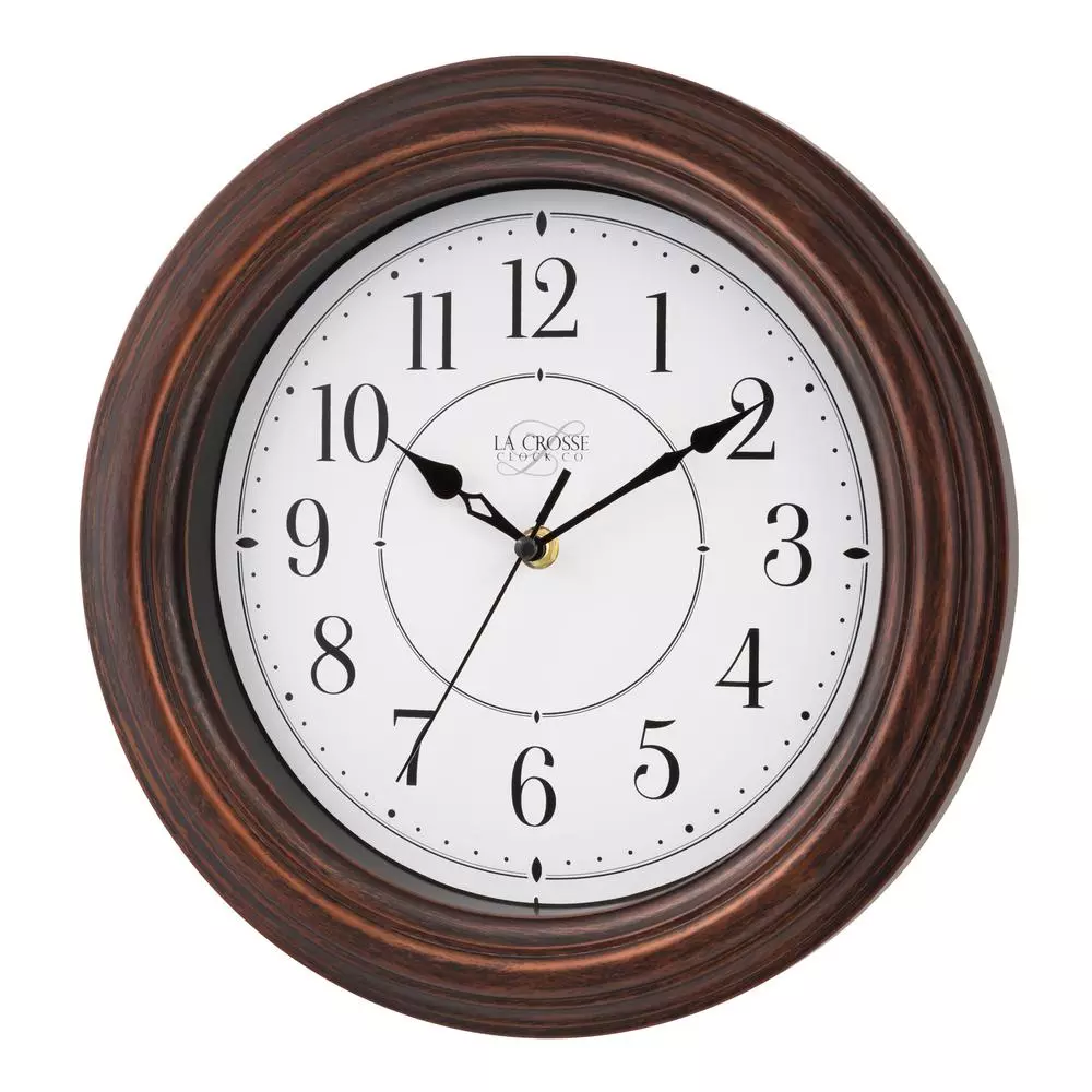 La Crosse Technology 12 in. Round Brown Faux Wood Wall Clock with Silent Quartz Movement