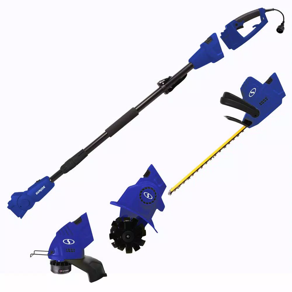 Sun Joe 4.5 Amp Electric Multi-Tool Lawn Care System - Hedge Trimmer, String Trimmer, and Garden Tiller