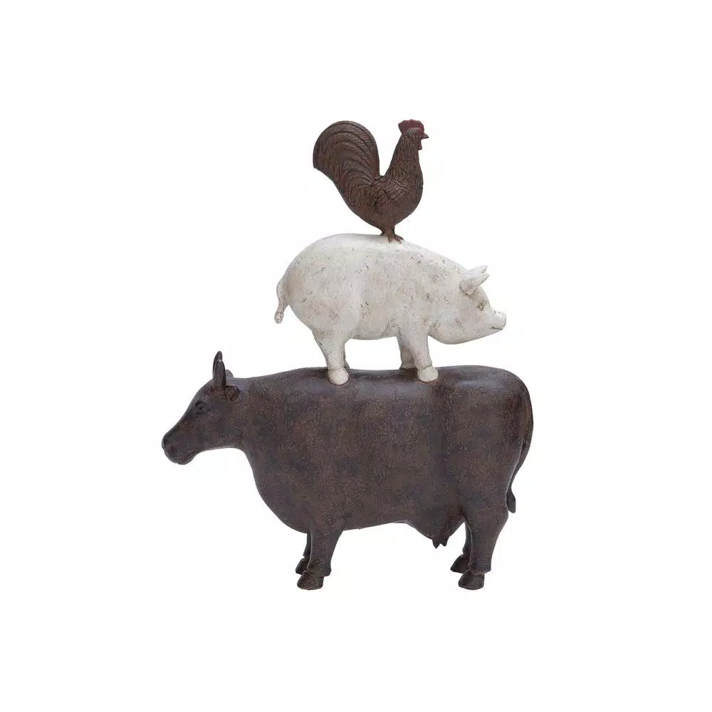 LITTON LANE Polystone Stacked Barnyard Animals Sculpture - Rustic Farmhouse Decor