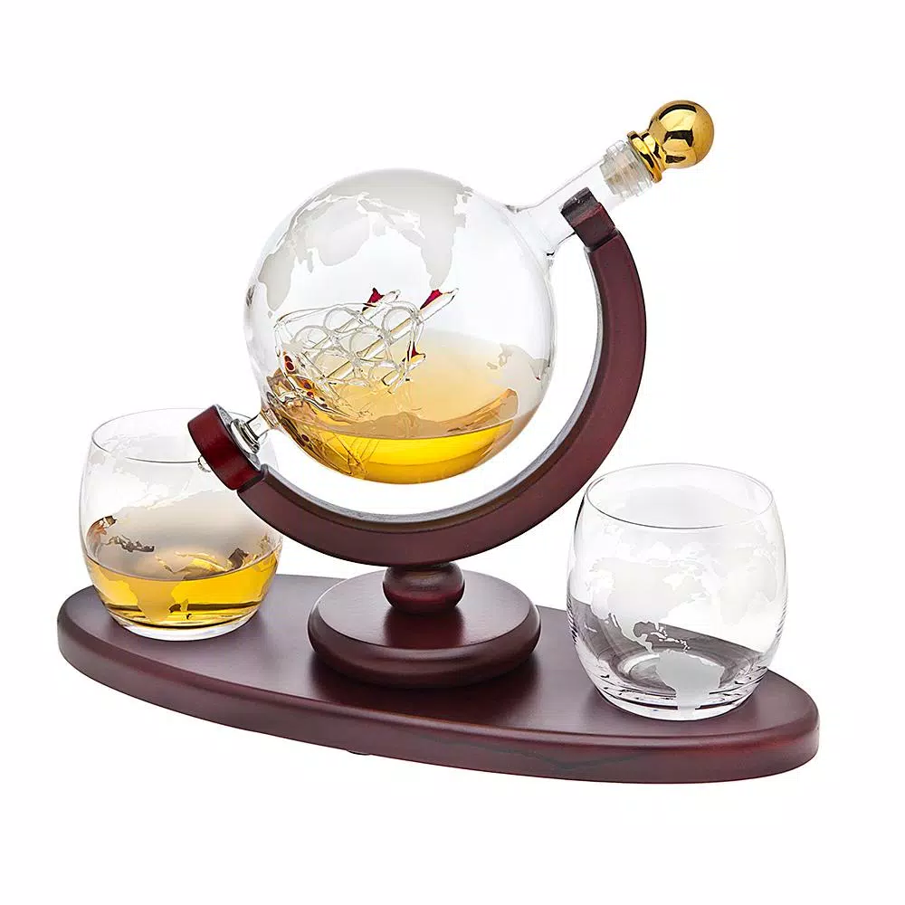 Godinger Globe Crystal Whiskey Decanter and 2-Piece DOF Glass Set with Mahogany Stained Tray