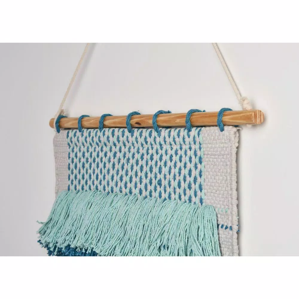 LR Home Coast Gray & Teal Fringed Tufted Cotton Wall Tapestry - Bohemian Coastal Wall Hanging
