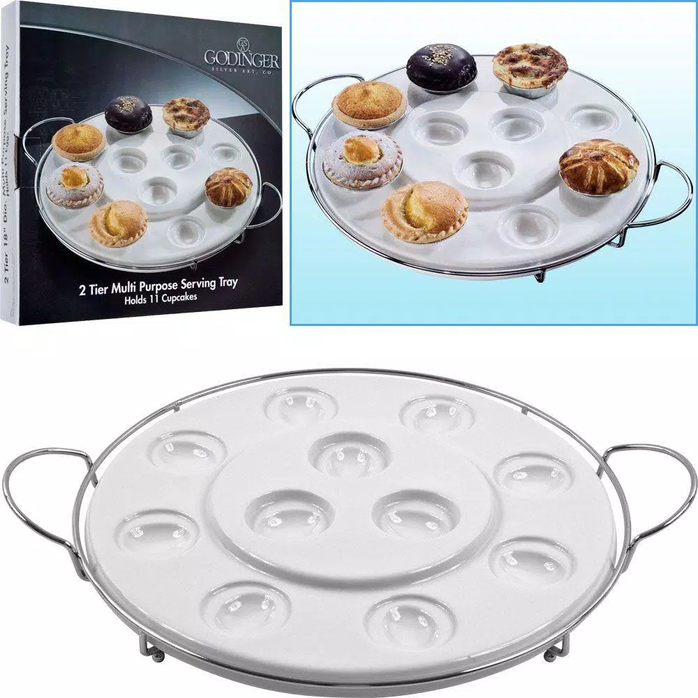 Godinger Two-Tier White Porcelain Serving Tray with Chrome Frame for Eggs, Muffins, or Cupcakes