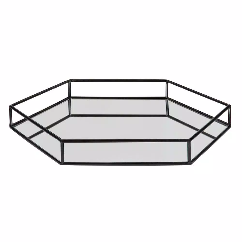 Kate and Laurel Felicia Black Hexagon Mirrored Metal Decorative Tray