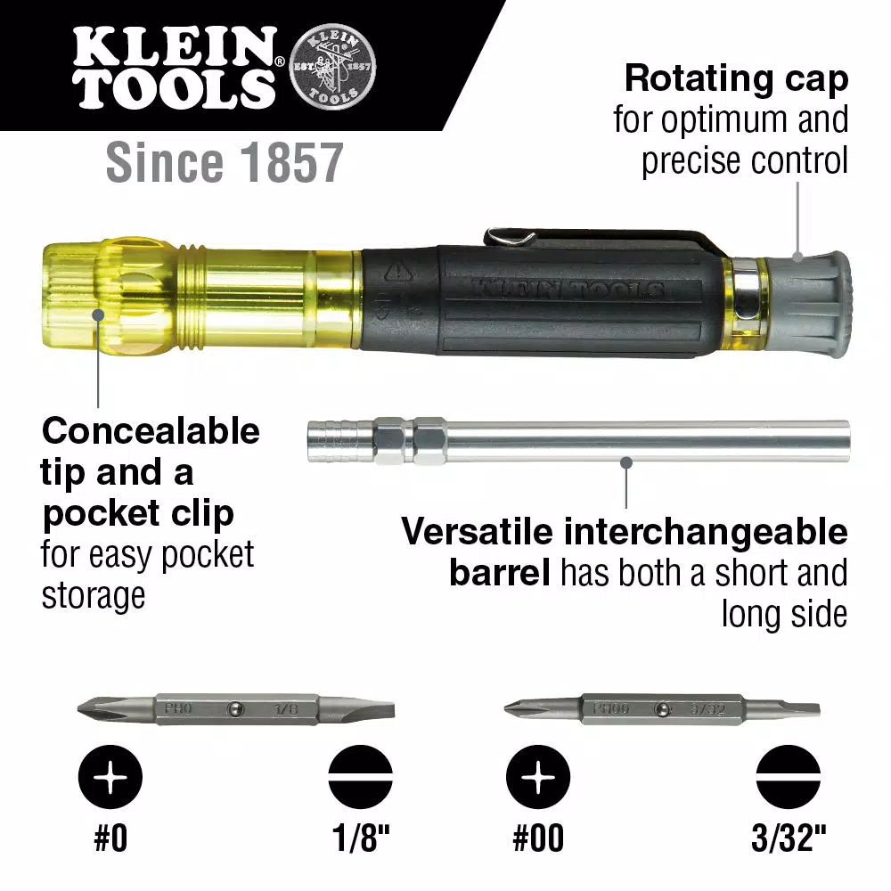Klein Tools 4-in-1 Precision Electronics Pocket Multibit Screwdriver with Cushion-Grip Handle