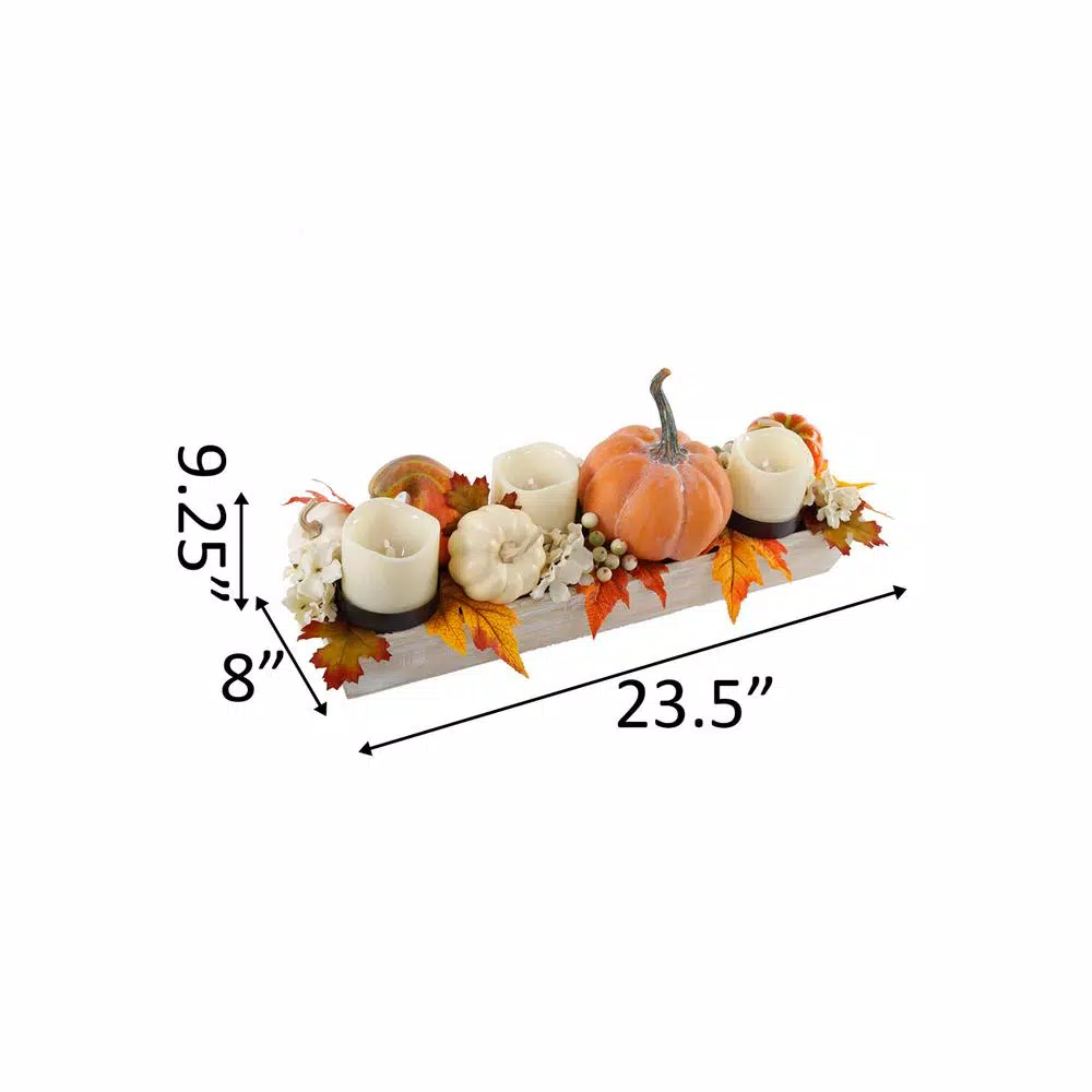 Flora Bunda 23 in. Fall Harvest Wood Ledge Pumpkin Arrangement Centerpiece Candle Holder with Berries and Leaves