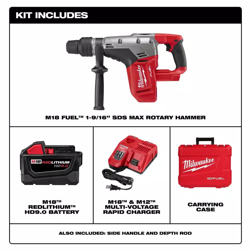 Milwaukee M18 FUEL 1-9/16 in. SDS-Max Rotary Hammer Kit with 9.0 Ah Battery and Charger