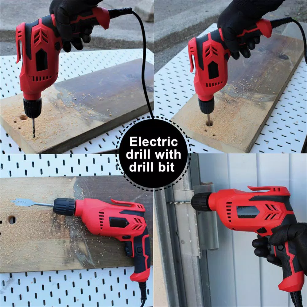 Boyel Living 5 Amp Corded 3/8 in. Power Drill Driver, Reversible with Lock-On Button, Red