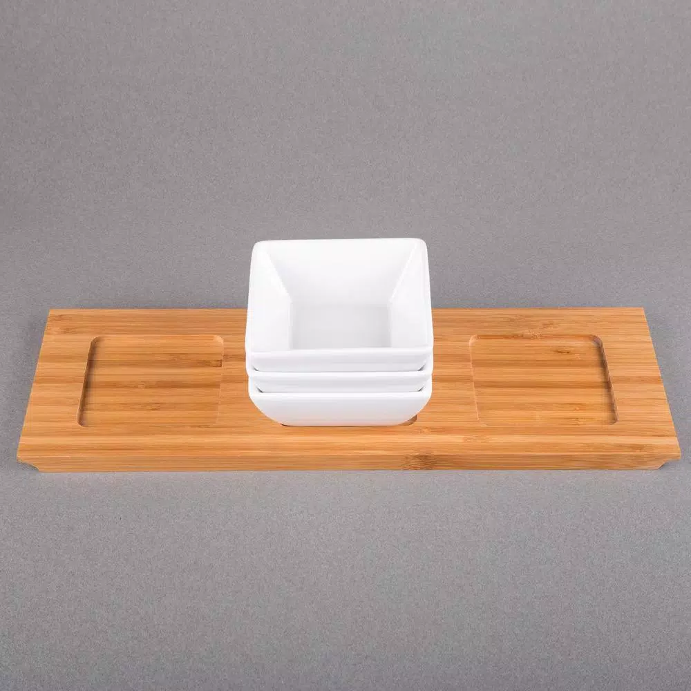 Creative Home 4-Piece Stoneware Square Bowls and Natural Bamboo Serving Tray Set