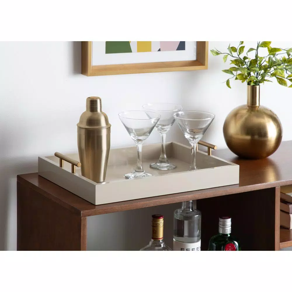 Kate and Laurel Lipton Decorative Rectangular Tray with Brushed Metal Handles, Brown Glossy Finish