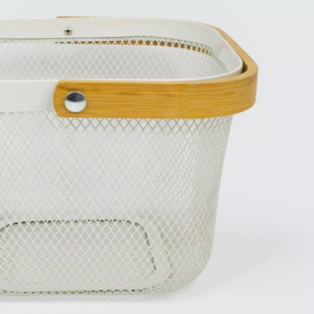 ExcelSteel Excel Steel White Fruit Basket with Wooden Handle and Iron Powdered Coating