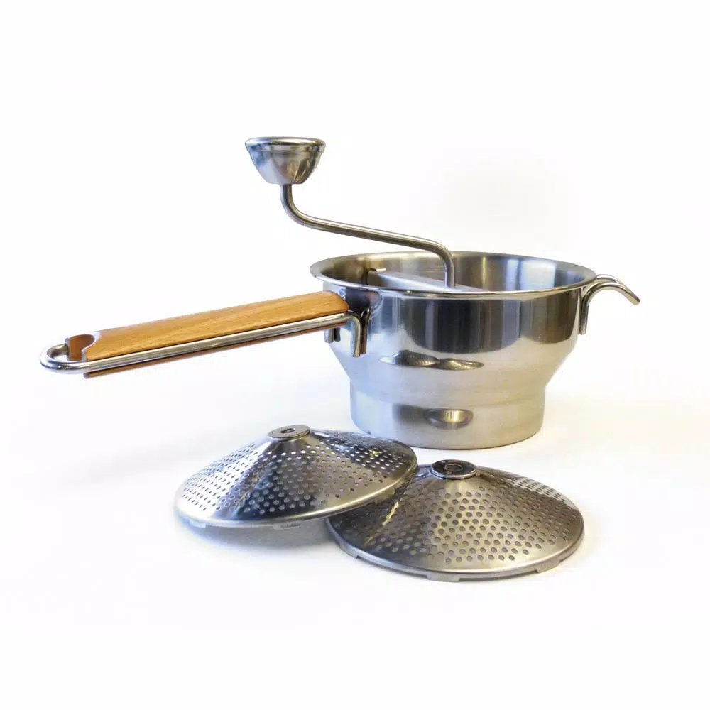 RSVP International Endurance Stainless Steel Food Mill with 3 Interchangeable Disks and Beech Wood Handle