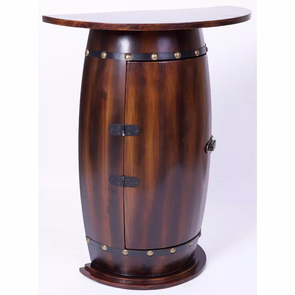 Vintiquewise Rustic Wooden Barrel Shaped Wine Bar Cabinet with Lockable Latch and 10-Bottle Storage