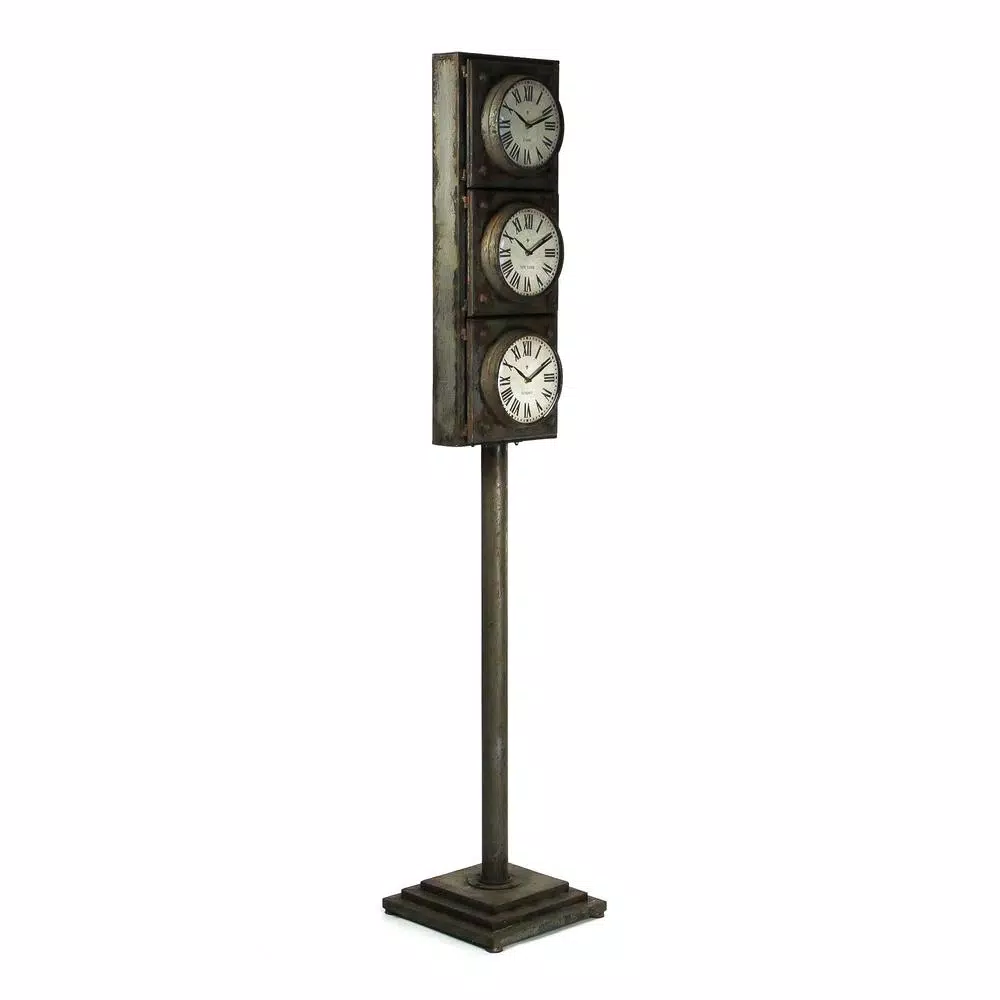 Zentique Antique Grey Metal Floor Clock with 3 Clock Faces and Hidden Storage