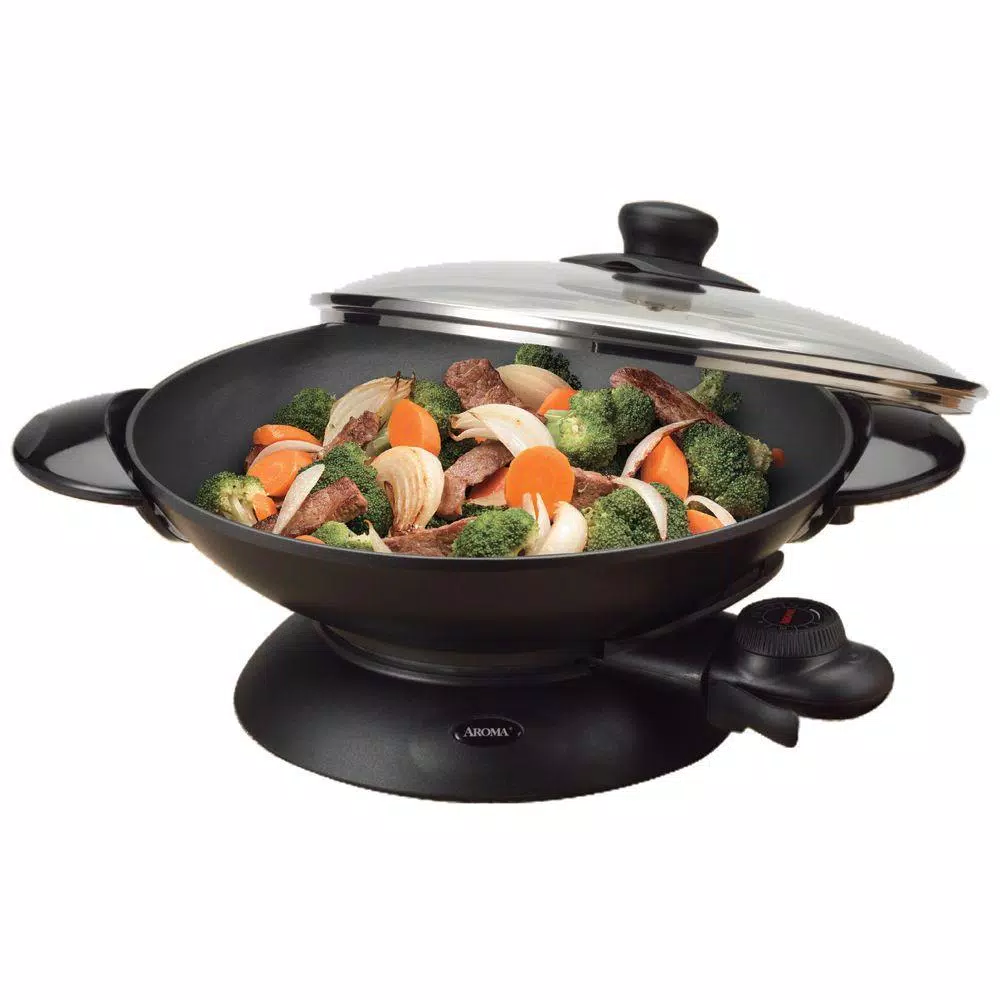 AROMA 5 Qt. Electric Wok with Non-Stick Cast Metal Bowl and Glass Lid