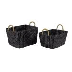 LITTON LANE Large Black Water Hyacinth Wicker Baskets with Banana Leaf Handles, Set of 2 thumbnail 2