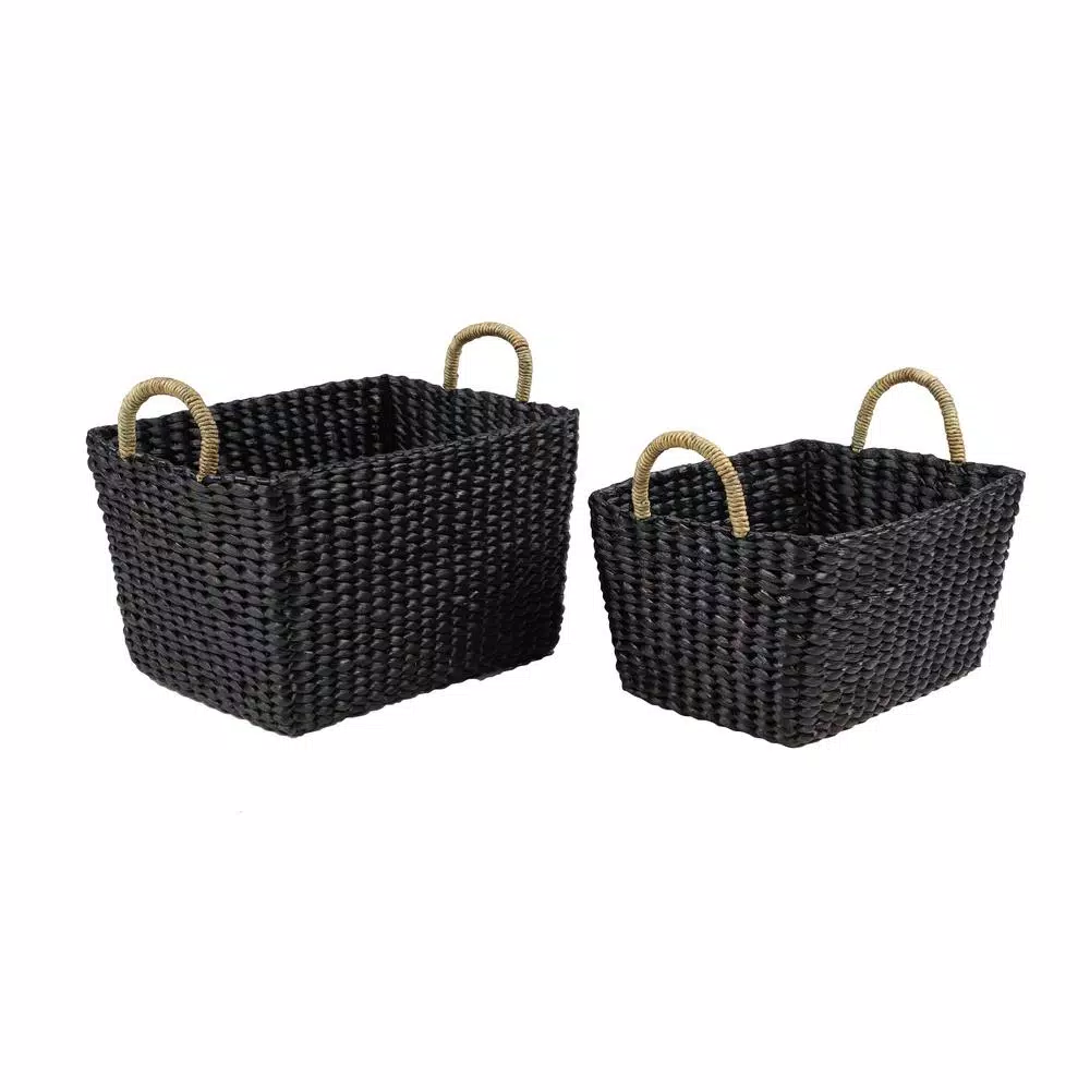 LITTON LANE Large Black Water Hyacinth Wicker Baskets with Banana Leaf Handles, Set of 2