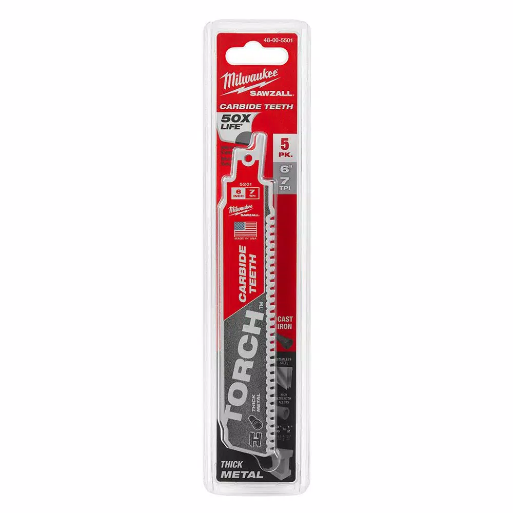 Milwaukee TORCH 6 in. 7 TPI Carbide Teeth Thick Metal Reciprocating Saw Blade (5 Pack)